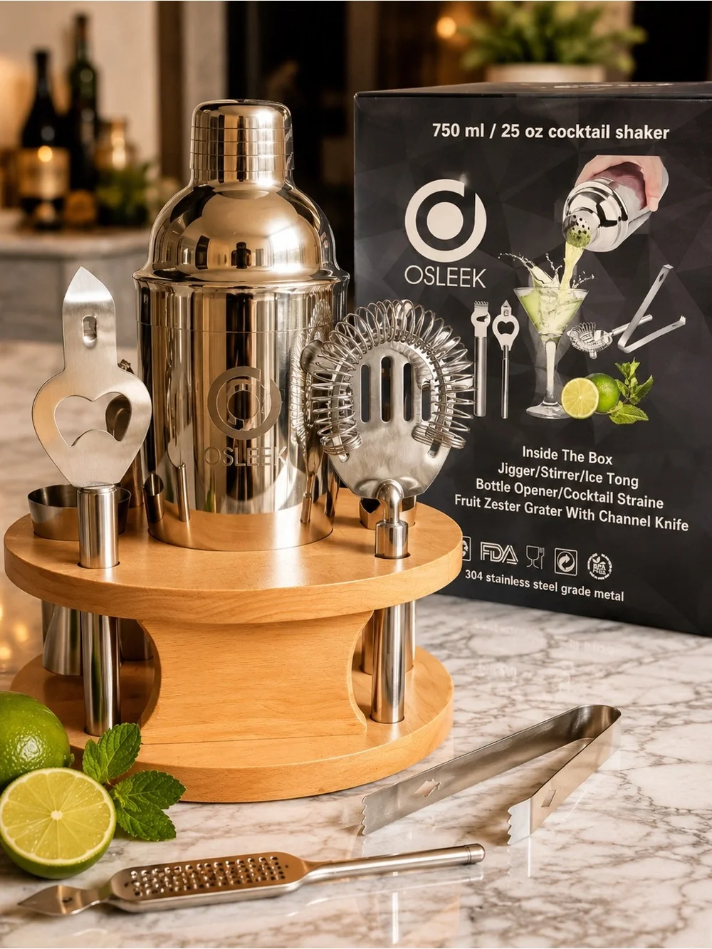 Silver Cocktail Shaker Bar Tool Set with Wooden Stand